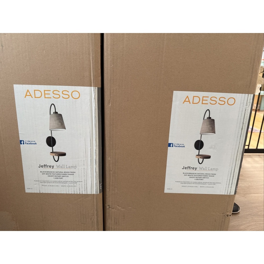 Adesso Jeffrey Wall Sconce w Shelf & USB Charging Bedside Lamp Set‎ of 2 NEW